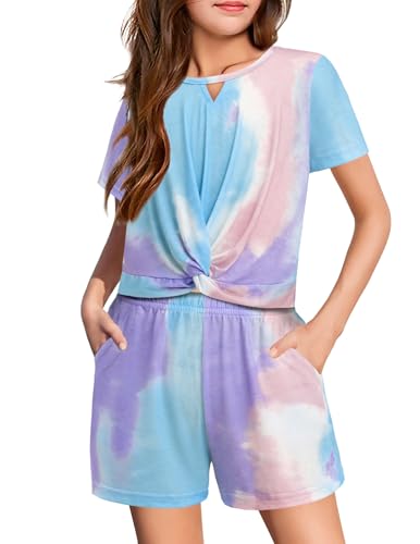 Image of Arshiner Girls Summer 2 Piece Outfits Tie Dye Short Sets Casual Twist Front Short Sleeve Tops and Pant with Pockets