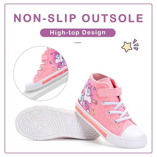 EUXTERPA Kids Toddler Sneakers Light Up Flashing Shoes Girls Easy Fasten High Top Walking Canvas Sneaker, Pink Unicorn, Little Kid Size 11
