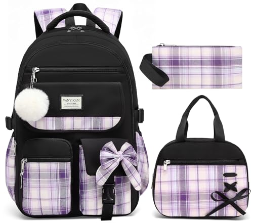 Image of Backpack for School Girls, 3Pcs Kids Cute Bookbag with Lunch Box Pencil Pouch, Student Pack Fits 15.6 Inch Laptop for Teens bag for Kindergarten Elementary Preschool Middle School, Black Purple Tartan