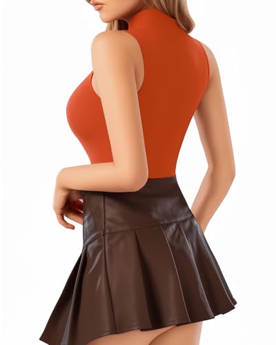 Image of MANGOPOP Women's Mock Turtle Neck Sleeveless Tank Tops Bodysuit, Sleeveless Sorrel, X-Large