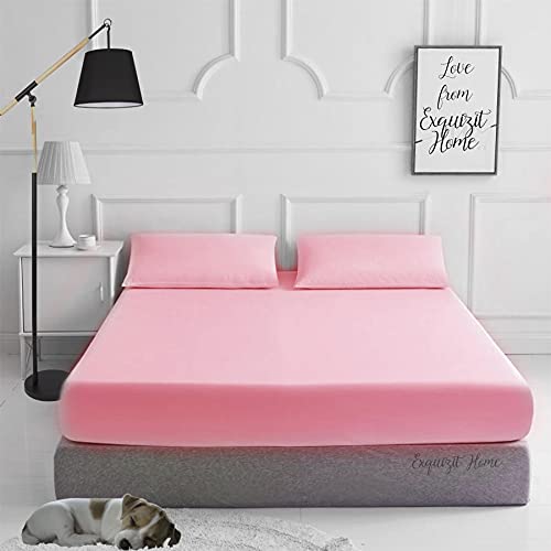 EXQUIZIT HOME® Fitted Bed Sheet with Pillowcases Pack of 2, Plain Dyed Poly Cotton Percale Easy Care 180TC Bed Sheet