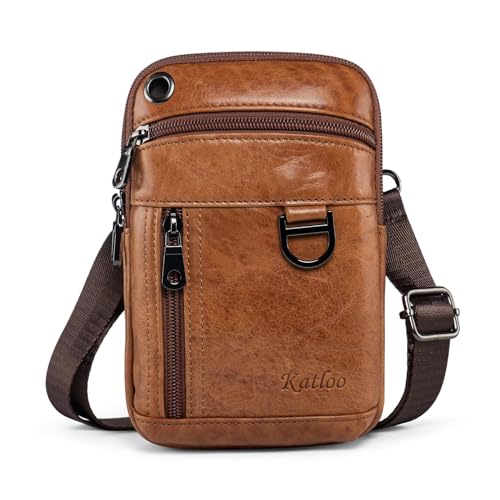 katloo Multifuncional couro genuíno duplo fecho de correr bolsos homens vintage look bolsa tiracolo para telemóvel cinto bolsa, colete crossbody mini homens bolsa, Castanho, S