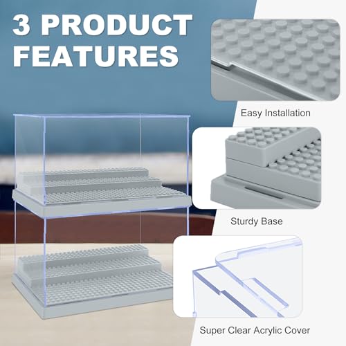 Image of 2 Pack Display Case for Minifigure Action Figures Blocks, Acrylic Minifigure Display Case Box Storage with 3 Movable Steps Gift for Kids Adults (Grey)