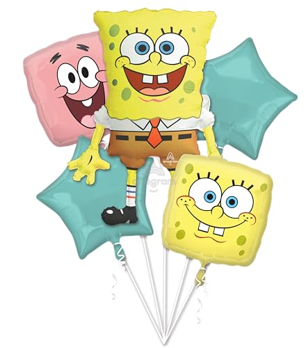 Anagram SpongeBob Foil Balloon Bouquet 5 Piece Set Perfect for Kids Birthdays and Themed Parties