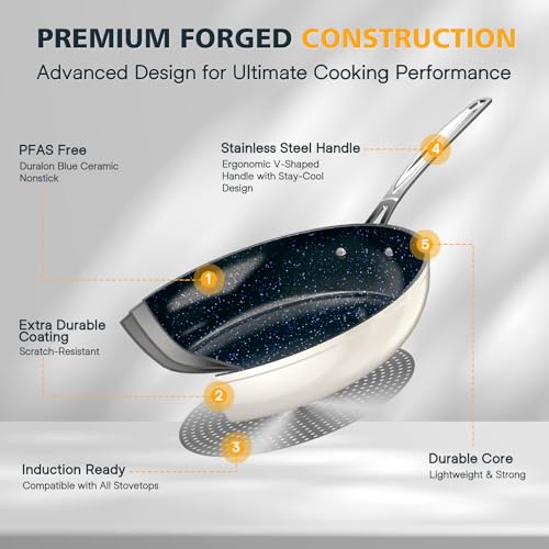 Image of Nuwave 3-Piece 8 inch, 10 inch, 12 inch Forged Lightweight Frying Pan Set | G10 Healthy Duralon Blue Ceramic Ultra Non-Stick, Ergonomic Stay-Cool Handles, Induction-Ready & Works on All Cooktops