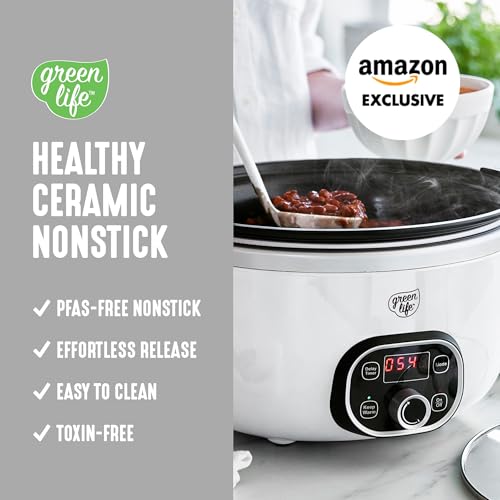 Image of GreenLife 8QT Slow Cooker, Non-Toxic PFAS-Free Ceramic Nonstick Removable Interior Bowl, Programmable, Family Friendly, Keep Warm, Stovetop & Oven Safe, Dishwasher Safe Crock, Timer, Glass Lid, White