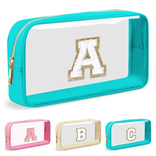 Personalized Initial Letter Clear Makeup Bag,Preppy Small Nylon&PVC Cosmetic Zipper Bag with Chenille Letter,Portable Beach Travel Skincare Toiletry Bag,Trendy Monogram Gift for Teen Girls Women,A