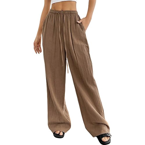 Women High Waisted Crinkle Straight Wide Leg Loose Casual Long Pants​