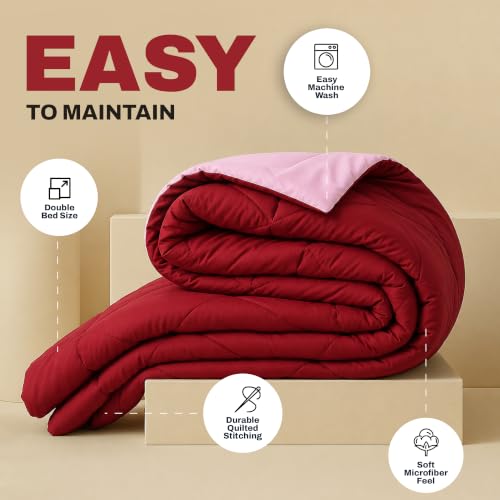 Image of DECORUM Reversible Comforter Double Bed 250 GSM | Red & Baby Pink | Ultra Soft Microfiber Quilt | Lightweight All Season Comforter | (228 X 223 CM)