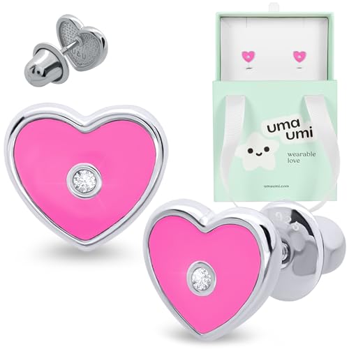 925 Sterling Silver Heart Stone Pink Stud Earrings for Girls Hypoallergenic Safety Screw Back Rhodium Plated - Heart Stone Pink Gifts Earrings for Baby Toddlers Little Teens Kids Jewelry