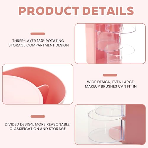 180° Drehteller Schminktisch Organizer 3-stöckiger Kosmetik Organizer Make up Pinselhalter Transparente Haar-Zubehör Aufbewahrung Für Schmuck, Haarschmuck, Puderquasten, Make-up Pinsel (Rosa)