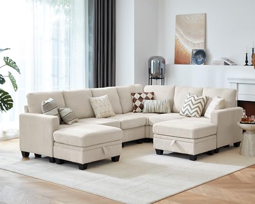 Image of CHIC HOUSE Modular Corner Sectional Sofa with Storage Ottoman, Corduroy L-Shaped Couch, Compact Small Space Furniture for Living Room & Apartment, (Beige, 8 Seater L-Shaped)