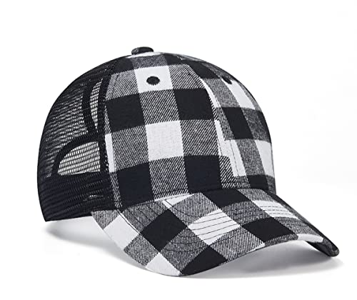 Image of Quanhaigou Trucker Hat - Mesh Snap Back - Unisex Adjustable Baseball Cap - Outdoor Hats for Men Women (Plaid Black)
