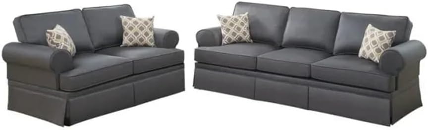 Charcoal Glossy Polyfiber 2pcs Sofa Set Living Room Furniture Loveseat Pillows Couch Rolled Armrest