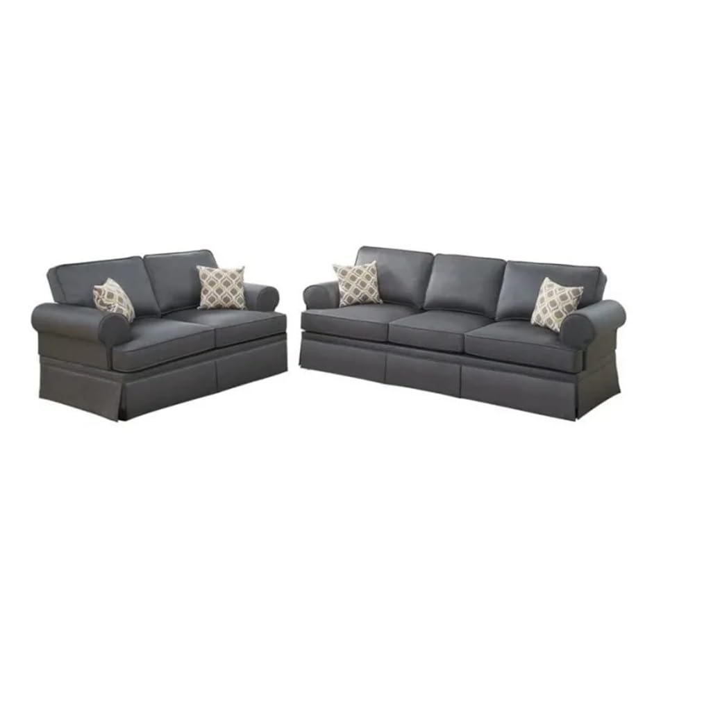 Charcoal Glossy Polyfiber 2pcs Sofa Set Living Room Furniture Loveseat Pillows Couch Rolled Armrest