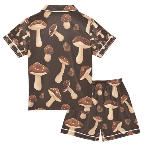 senya Chocolate Mushrooms Satin Summer Pajama Sets Silk Short Sleeve Button Down Sleepwear2