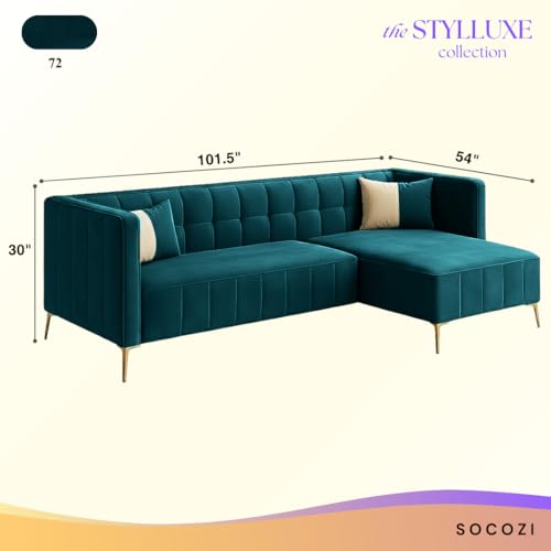 Image of SOCOZI Stylluxe 6 Seater Velvet Fabric RHS L Shape Sofa Set for Living Room |Fabric L Shape Sofa Set for Home & Office (Green Teal)