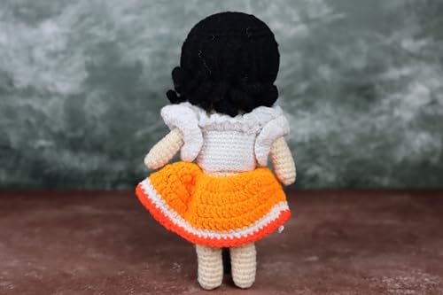 Image of Sutra Handmade Crochet Doll in Orange & White Dress | Wool Amigurumi Soft Toy | Handmade Gift for Kids, Nursery & Home Decor