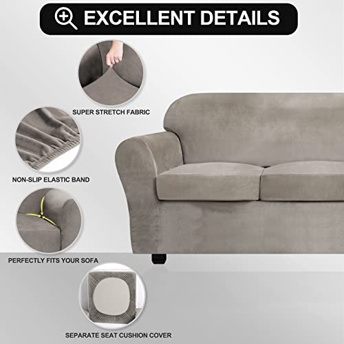 Festicorp Velvet Sofa Cover, Couch Covers For 3 Cushion Couch Sofa Slipcovers For Sofas With 3 Cushions, Stretch 4 Piece Couch Cover, Thick Furniture Covers For Dogs Pets, Sofa, Taupe #TOP1