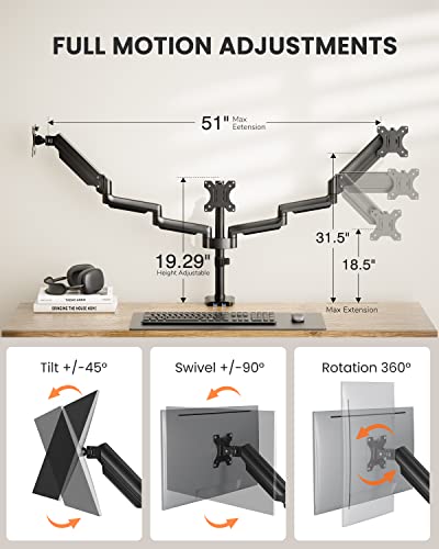 Image of ErGear Triple Monitor Mount for 13-27 inch Screens, Triple Monitor Arms with USB, Heavy Duty Three Monitors Stand with Tilt, Swivel, Rotation, Holds Up to 17.6 lbs Each Arm