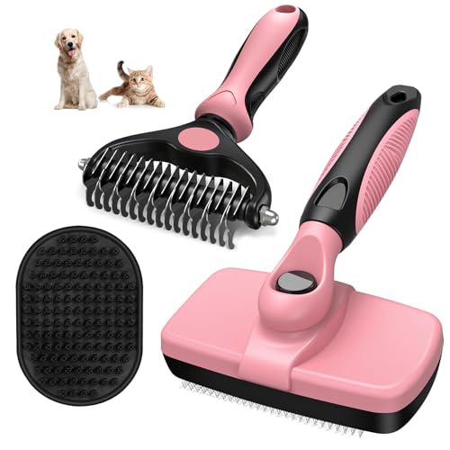 3PCS Self Cleaning Slicker Brush & Pet Grooming Rake & Bath Brush for Dogs,Cats and Horses | Double-Sided Dematting Comb & Skin Friendly Deshedding Grooming Tool | Pet Supplies (Light Pink Black)