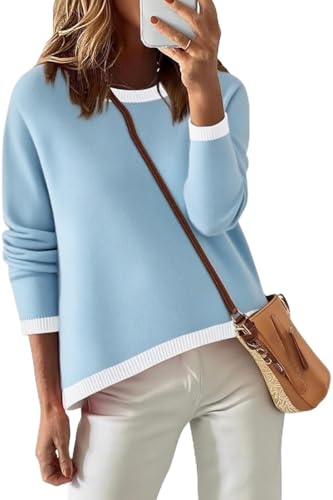 Image of Womens Striped Lightweight Cotton Sweaters Long Sleeve Crew Neck Color Block Casual Knitted Pullover Tops