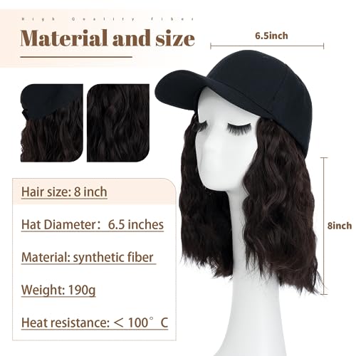 8 Inch Baseball Cap With Hair Extensions BOB Synthetic Hair With Attached Black Hat With One Piece Hair Extensions For Women - Image 2