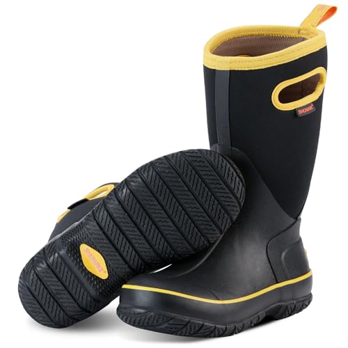 Showave Women's Rain Boots Mid Calf Waterproof Rubber Neoprene Boots with Easy Handles Mud Boots Outdoor Working Boots for Barn Garden Chore