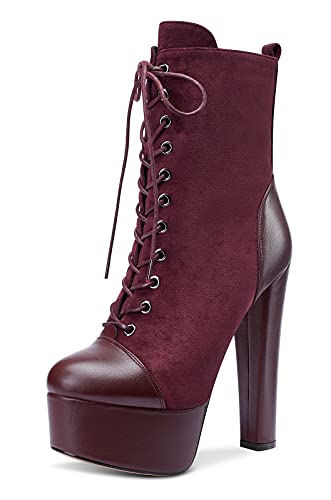 NobleOnly Mujer Plataforma Botas Tobillo Cremallera Cordones Ancho Tacón 15CM High Heels Botines Rojo Borgoña Ante Zapatos EU43 Cover