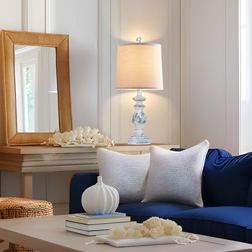 Image of PARTPHONER Traditional Table Lamp Set of 2, Rustic Farmhouse Table Lamps for Living Room Bedroom, 22 inch Bedside Desk Lamps Vintage Nightstand Lamps with Linen Shades, Washed Blue