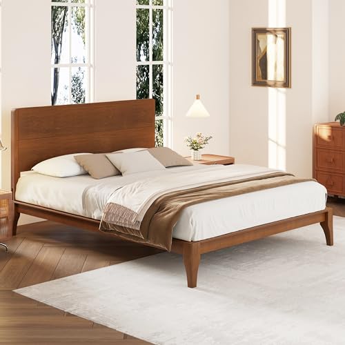 Modern Queen Size Bamboo Bed Frame, Natural Bamboo Platform Bed with Headboard for Bedroom, Mid Century Queen Bed Frame with Wood Strong Support Legs, No Box Spring Needed, Brown