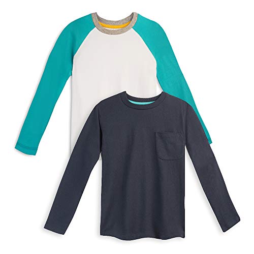 Mightly Boys and Girls' Long Sleeve Raglan Shirt | Organic Cotton, Colorful Casual Stylish Clothes, Soft&Fresh Crew Neck Tee, Set for Toddlers and Kids, Fair Trade Certified 2-Pack, Surf & Sea, 3T