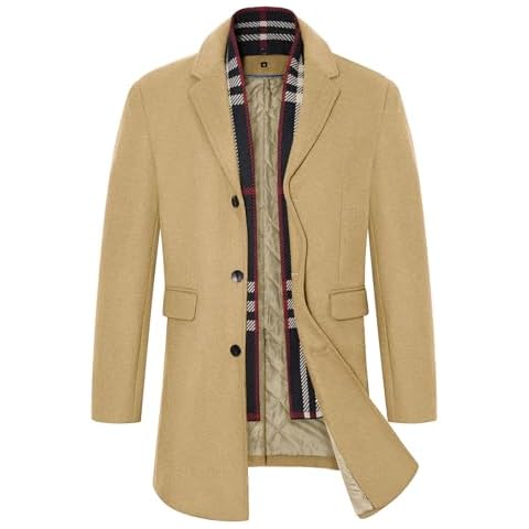 Vancavoo Men's Wool Long Coat with Scarf Cover