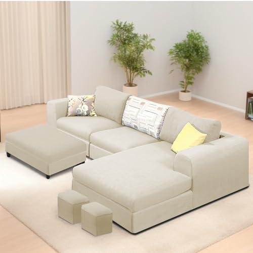 Image of Koza RHS 4 Seater L Shape Sofa Set with Center Table for Living Room (Cream Fabric) Premium Fabric Sofa