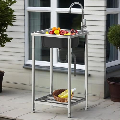 Lavandino In Acciaio Inox Mobile Lavello in Commerciale Cucina Autoportante 1 Vasca con Supporto e Rubinetto,per Lavanderia/Ristorante/Campeggio/Giardino/Garage,Facile Da Pulire