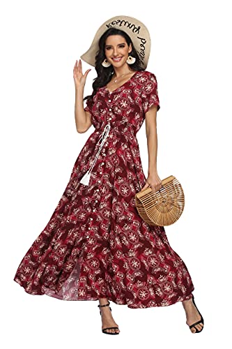 Image of VintageClothing Women's Floral Maxi Dresses Boho Button Up Split Summer Casual Long Dress Beach Party Dress