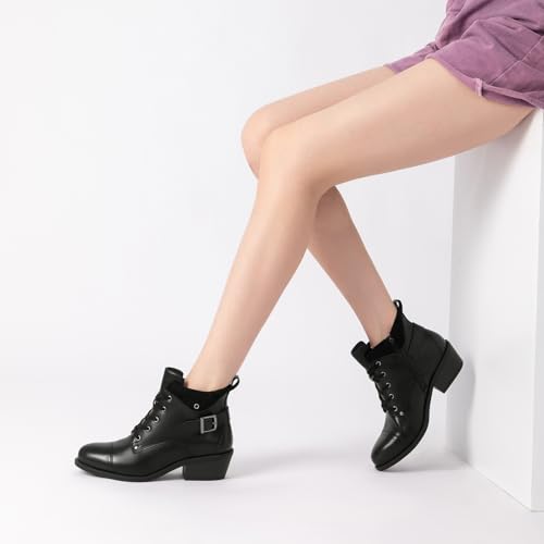 Athlefit Women's Short Ankle Boots Chunky Low Heel Round Toe Boots Comfortable Lace Up Booties with Side Zipper 6