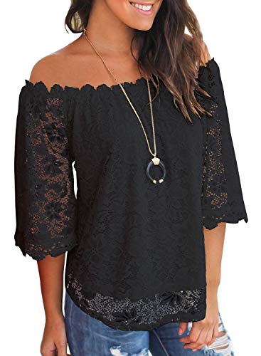 MIHOLL Women's Lace Off Shoulder Tops Casual Loose Blouse Shirts2
