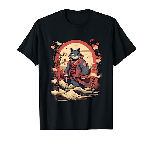 Vintage Ukiyo-e Japanese Cat Retro Style Anime Ninja Cat Maglietta