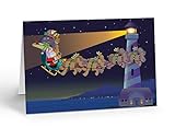 Lighthouse Christmas Card - 18 Holiday Cards and Envelopes - Santa Gets Caught in The Light