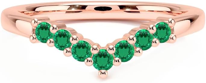 Green Emerald Chevron V Shape Wedding Band For Women, 14kGold Finish Round Cut May Birthstone Emerald Contour Anniversary Matching Band, Ladies V Shape Ring