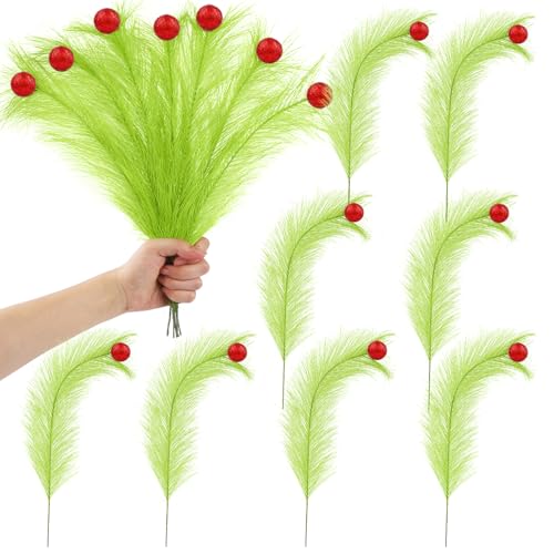 JOLCEEY 10pcs Christmas Artificial Flowers for Decorations, 17 Inch Red Green Curly Floral Stems Faux Branches Xmas Tree Pick Ornaments for Christmas Tree Home Office Wreath Vase Decor