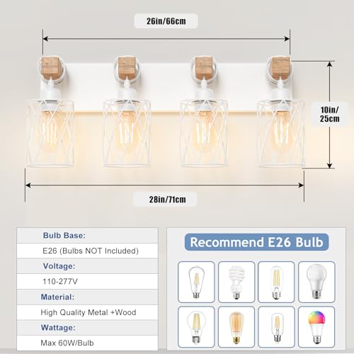 Image of IZORRO Farmhouse Bathroom Vanity Light, 4-Light Wood Bathroom Light Fixtures Over Mirror, Matte White Industrial Vanity Lights with Metal Shade, Rustic Restroom Lighting Fixtures