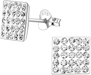 8MM Bling MENS Square Micro Pave Austrian Crystal Sterling Silver Stud Earrings  White/Clear - Beckham Style