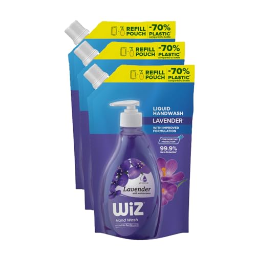 Image of Wiz Lavender Hand Wash Refill Pouch - 1L (Pack of 3) | pH Balanced | 70% Less Plastic | Soothing Lavender Scent | Germ Protection | Gentle & Moisturizing Formula