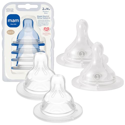 Image of MAM Baby Bottle Nipple Mixed Flow Pack, Medium Size 2 and Fast Flow Size 3 for Babies 2+ Months, Skin Soft BPA Free Silicone, 94% Nipple Acceptance, Fits All MAM Bottles, 4 Pack, Made in Europe