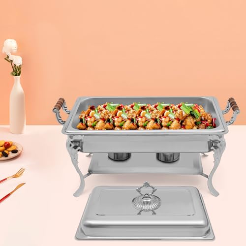 panfudongk 9L Edelstahl Buffetwärmer Speisenwärmer Chafing Dish Buffet Set für Party Hochzeit Camping 2 Speisenbehälter 2 Alkohol Brennstoffdosen mit Deckel für 1-5 Personen – Bild 6