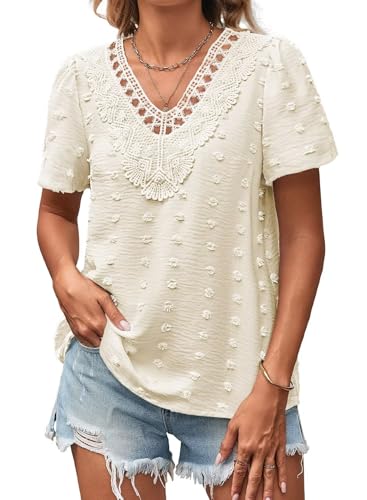 Falechay Womens Summer Tops Going Out Tops For Women Swiss Dot Blouse Short Sleeve Boho Fall Blouses Solid V Neck Lace Pom Pom Flowy Peasant Chiffon Babydoll Apricot Peplum Oversize Xl