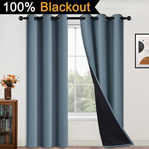 Image of Yakamok Full Blackout Curtains 84 Inches Long,Blackout Curtain Panels for Bedroom, 2 Thick Layers Grommet Top Thermal Insulated Drapes with Black Liner for Living Room(Stone Blue, Set of 2)