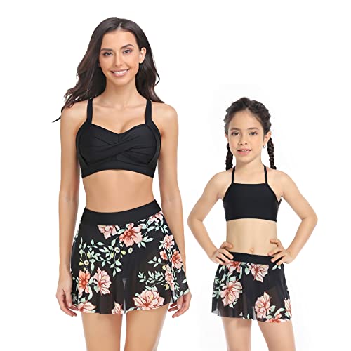 Mommy and Me Bathing Suits Three Piece Bikini Set with Cover Up Beach Skirt for Women and Girls4